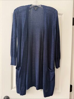Halogen Navy Open-Front Long Cardigan with Pockets